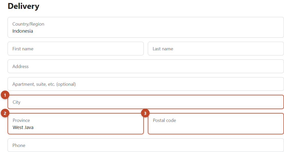 Shopify delivery address form with City, Province, and Postal code fields marked 1, 2, 3